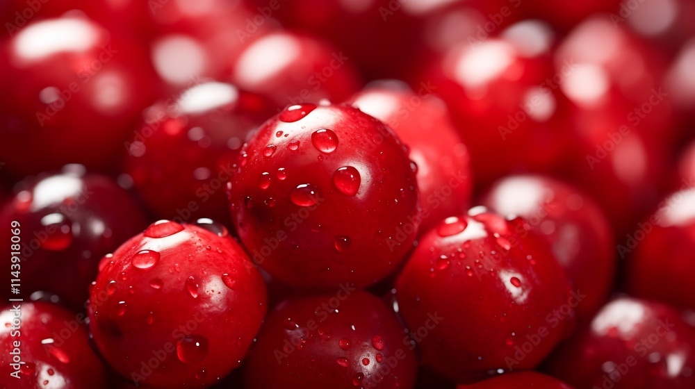 Close up view of freshly harvested glossy cranberries against a festive red background showcasing the rich color textural details and seasonal nature of this versatile superfood Close up view of freshly harvested glossy cranberries against a festive red background showcasing the rich color textural details and seasonal nature of this versatile superfood