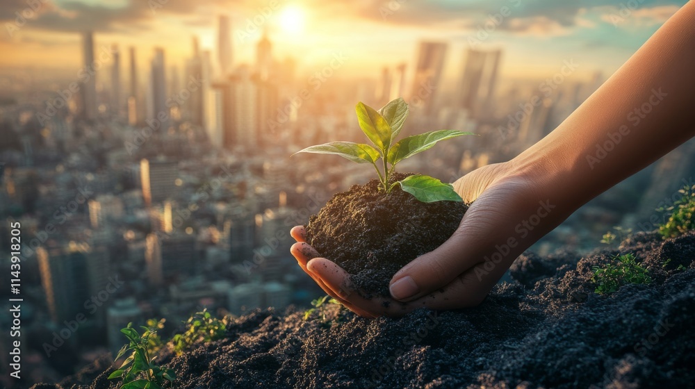 Fototapeta premium A hand holds a small plant above a city skyline at sunset, symbolizing hope and environmental sustainability.