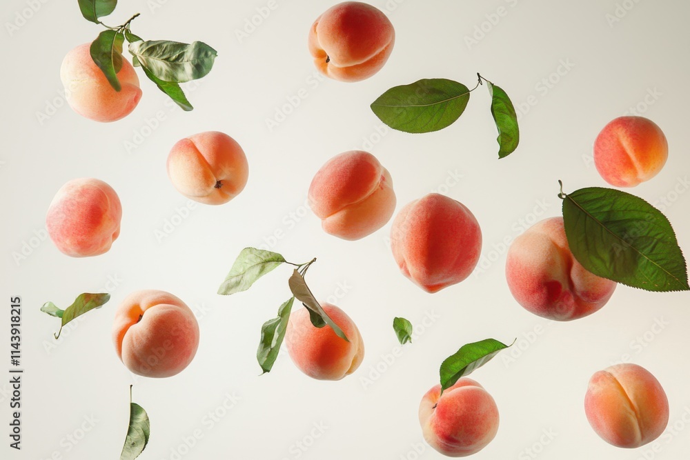 Fresh peaches floating gracefully with green leaves over a light background Fresh peaches floating gracefully with green leaves over a light background