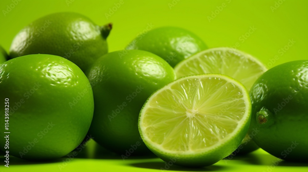 Closeup of fresh ripe limes with smooth vibrant green skin and a glossy finish set against a solid lime green background The image has a clean Closeup of fresh ripe limes with smooth vibrant green skin and a glossy finish set against a solid lime green background The image has a clean