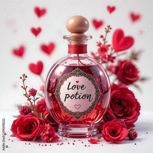 Romantic Red Roses and a Love Potion: Enchanting Valentine's Day Scene photo