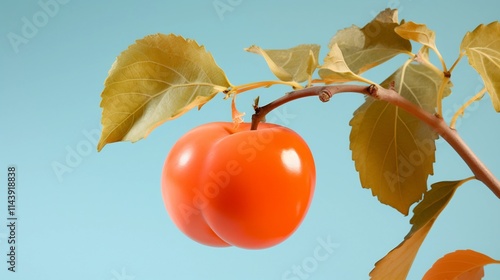 Ripe glossy persimmon fruit with a soft coral colored backdrop perfect for gourmet culinary or premium product usage  The image showcases the natural beauty and vibrant color of this autumnal fruit photo