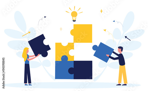 Business concept. Team metaphor. People connect puzzle elements. Flat illustration in flat design style. Teamwork, collaboration, partnership. Businessmen working together and moving towards success.