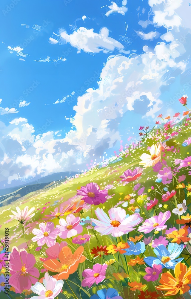 Vibrant wildflowers bloom on a sunny hillside under a blue sky. Vibrant wildflowers bloom on a sunny hillside under a blue sky.
