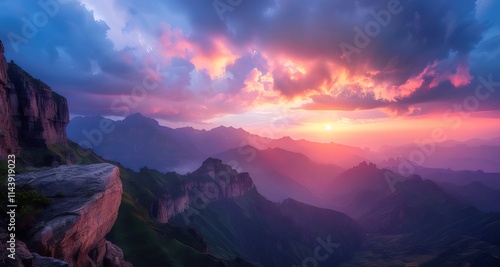 Vibrant sunset over majestic mountain range.