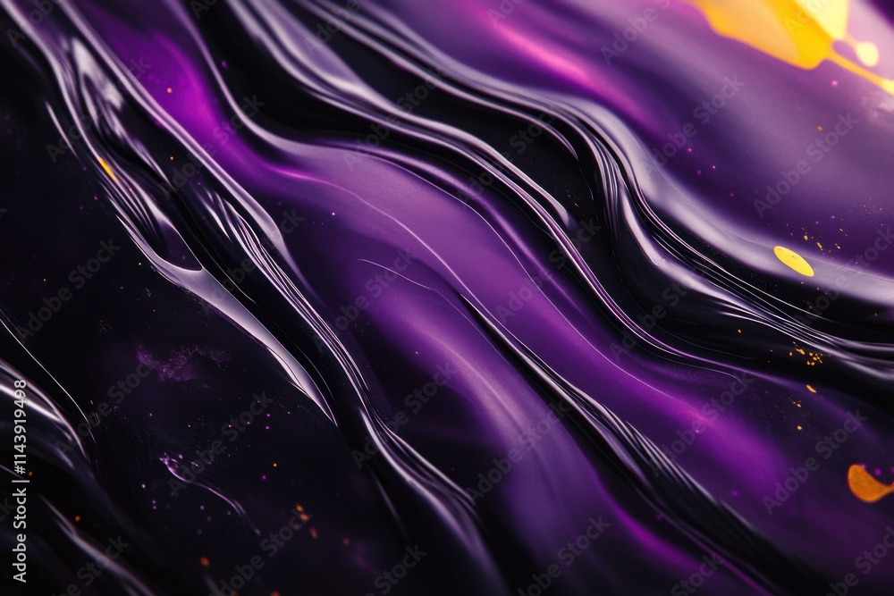 Vibrant abstract artwork showcasing swirling purple and gold patterns with a glossy finish against a dark background Vibrant abstract artwork showcasing swirling purple and gold patterns with a glossy finish against a dark background