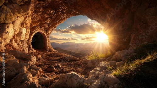 Stunning Sunrise View from a Natural Stone Cave with Rays of Light Illuminating the Scenic Mountain Landscape in the Background photo