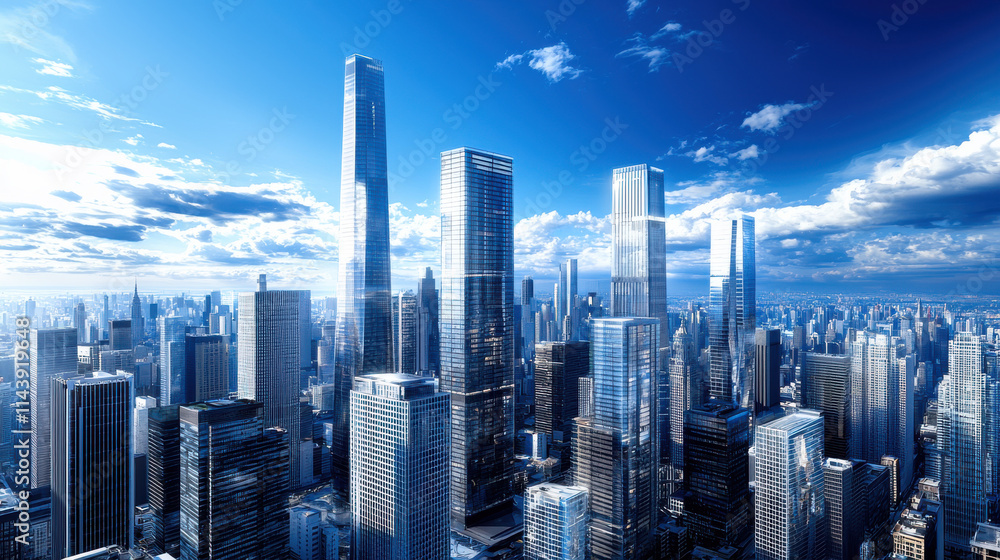 Fototapeta premium stunning aerial view of modern urban district featuring tall skyscrapers under bright blue sky with fluffy clouds. cityscape showcases contemporary architecture and vibrant energy