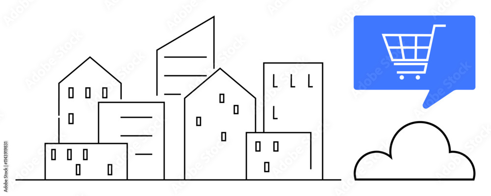 Fototapeta premium Urban buildings in black lines, cloud beneath blue speech bubble with shopping cart icon. Ideal for cityscape branding, real estate, commercial advertising, online shopping, digital marketing, smart
