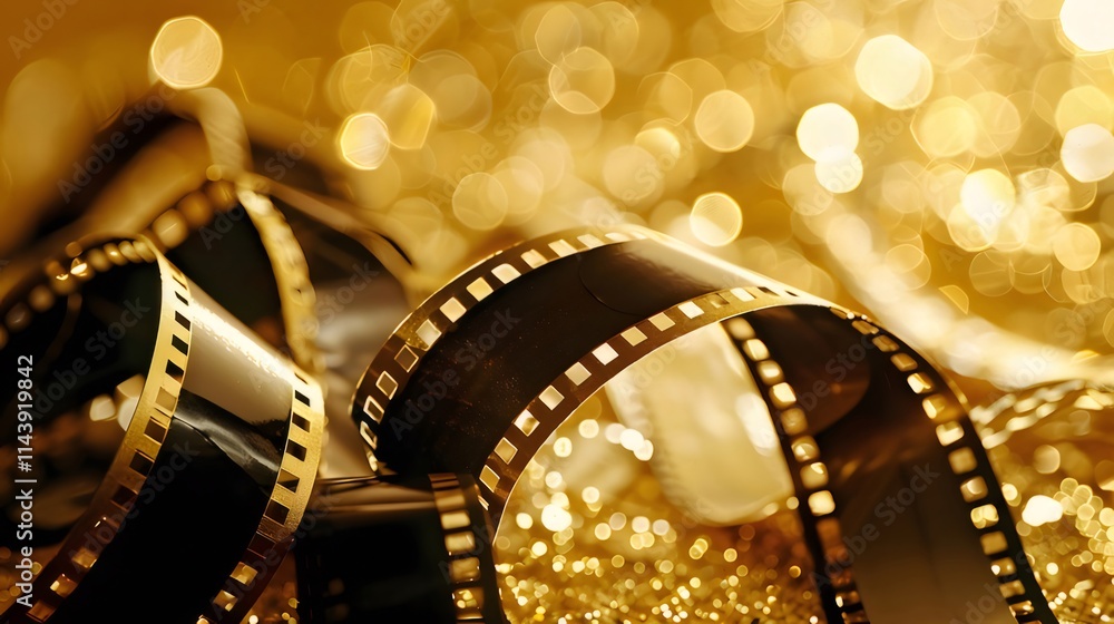 Close-up of film reel on gold glitter background.