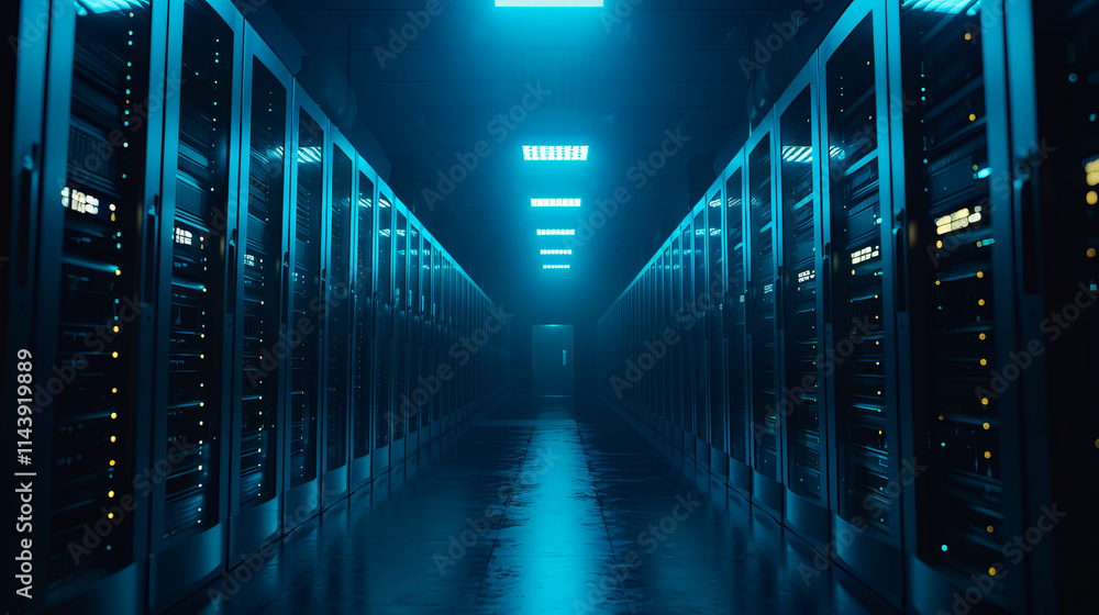 A long corridor in a modern data center with server racks, symbolizing data storage and cloud computing. A long corridor in a modern data center with server racks, symbolizing data storage and cloud computing.