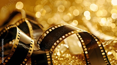 Obraz na płótnie Close-up of film reel on gold glitter background. w salonie
