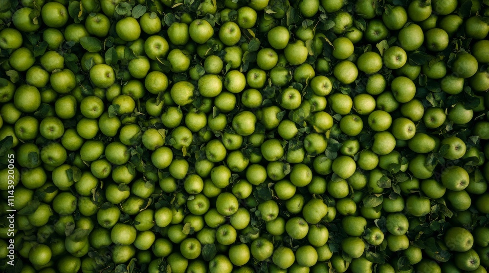 Bright green apples background, top view seamless pattern. Close up of fresh apple fruit background with leaves, top view. Photorealistic high resolution macro photography for advertising.