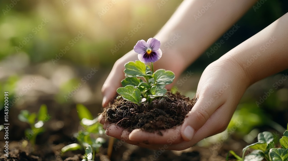 Fototapeta premium A Child’s Hands Gently Cradling a Small Purple Flowering Plant Surrounded by Fresh Soil and Green Leaves Under a Warm Sunlight Glowing in a Garden Setting