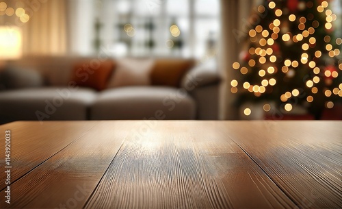 Cozy Living Room with Wooden Surface with Empty Space for Advertising, Blurred Christmas Tree, and Festive Decorations
