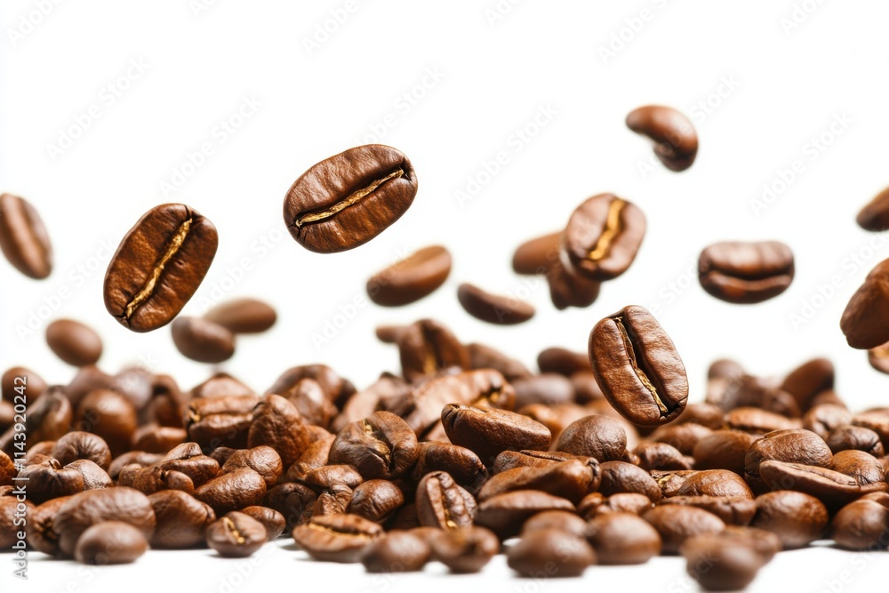 Freshly roasted coffee beans falling gracefully against a plain white background Freshly roasted coffee beans falling gracefully against a plain white background
