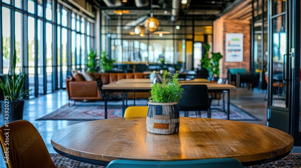 Fototapeta premium Modern office interior with wooden tables, plants, and comfortable seating.
