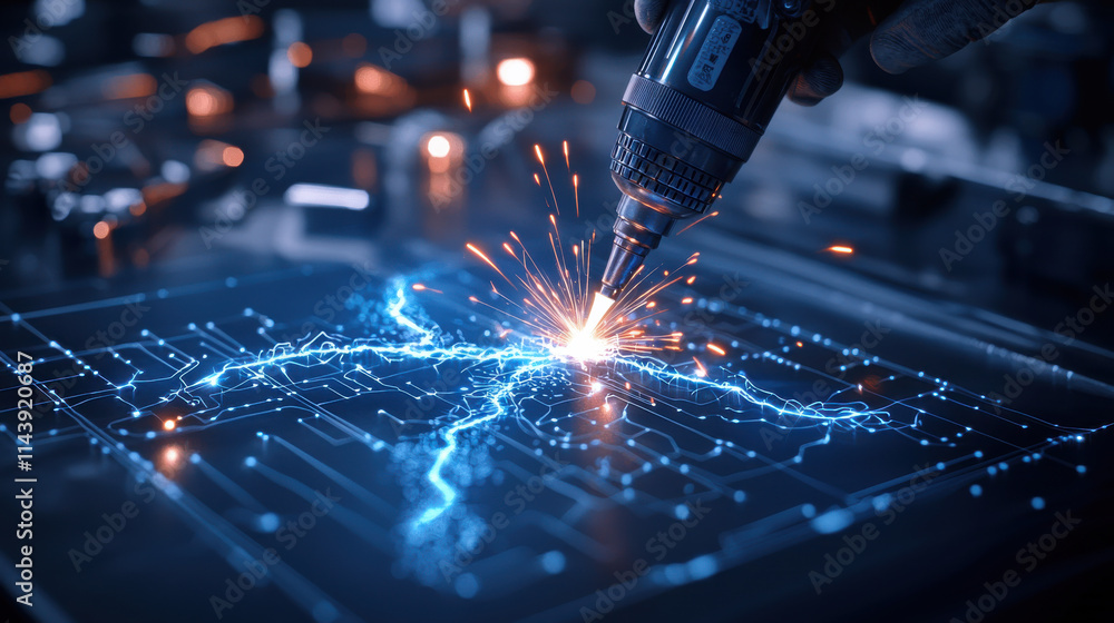 Fototapeta premium welder creates artistic metalwork, generating sparks and electric arcs in workshop. scene captures fusion of technology and craftsmanship, showcasing intricate designs