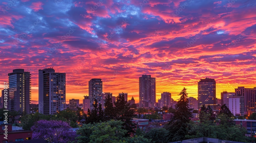 Obraz premium Breathtaking sunset silhouettes of urban skyline and skyscrapers showcasing city s grandeur