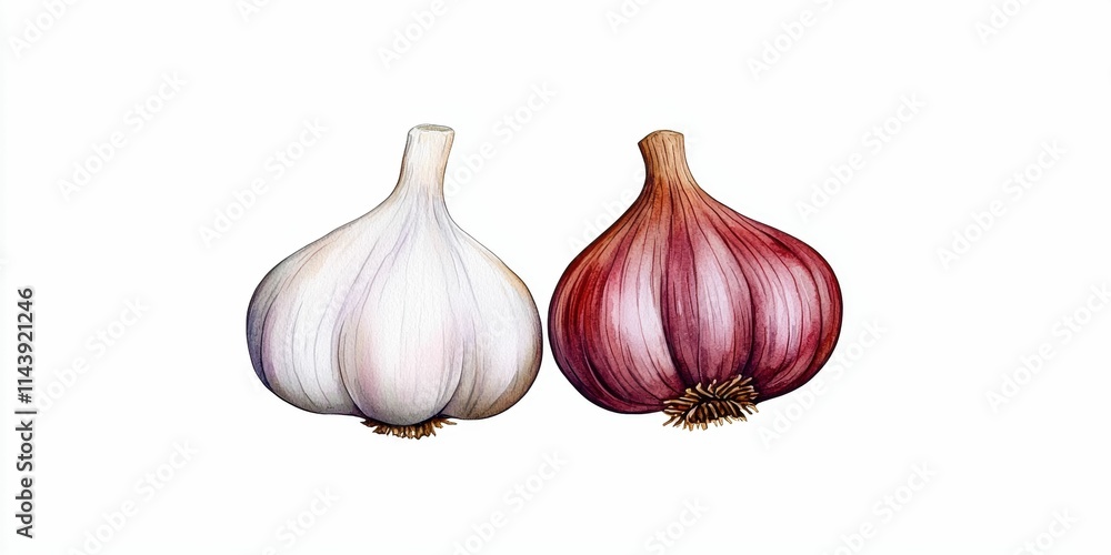 Obraz premium Garlic bulbs in white and red varieties on a white background
