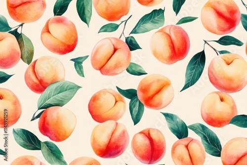 Peach pattern with leaves in vivid colors showcasing a summer fruit theme and botanical elements
