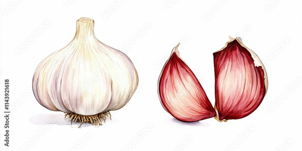 Garlic bulb and cloves displayed side by side Garlic bulb and cloves displayed side by side