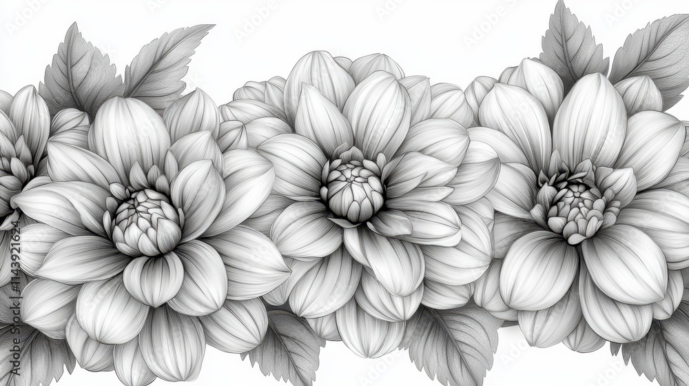 Stunning Monochrome Dahlia Print: A Detailed Floral Design Stunning Monochrome Dahlia Print: A Detailed Floral Design