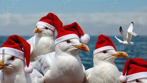 White Seagulls in red christmas hats funny xmas banner - high resolution