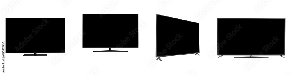 Set of modern TV black screen on transparent background. Cut out png Set of modern TV black screen on transparent background. Cut out png