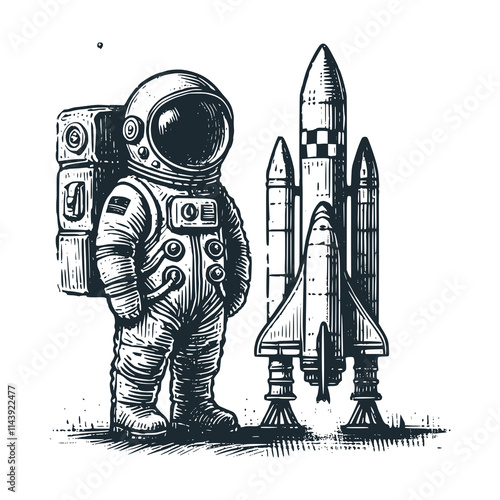 The astronaut with rocket plane. Black white vector icon and logo illustration