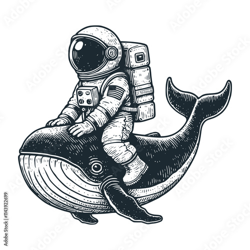 The astronaut on the giant whale. Black white vector icon and logo illustration