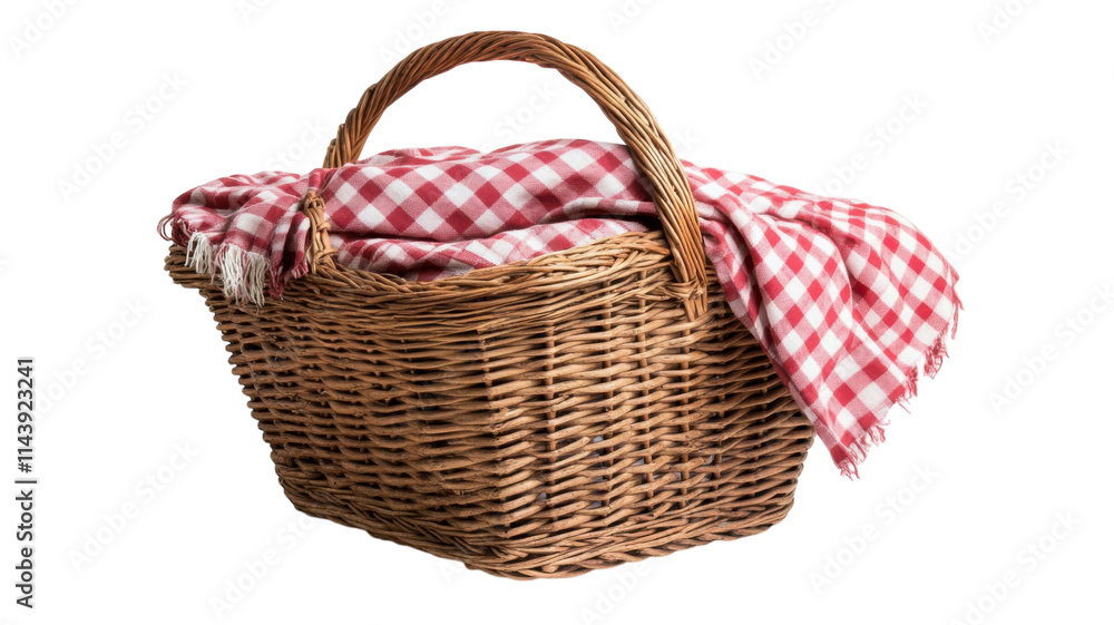 A Charming Picnic Basket with a Gingham Cloth Ideal for Outdoor Gatherings and Summer Days. A Charming Picnic Basket with a Gingham Cloth Ideal for Outdoor Gatherings and Summer Days.