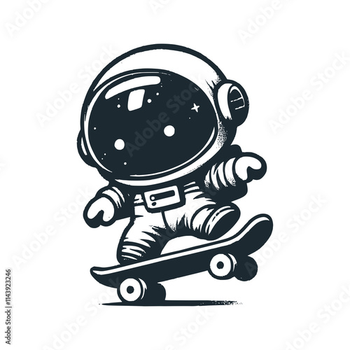 The Cute astronaut playing skateboard. Black white vector icon and logo illustration