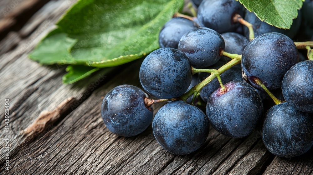 Fototapeta premium Fresh Organic Blue Grapes with Green Leaves on Rustic Wooden Surface, Close-Up Photography Capturing Detail and Texture of Natural Fruit Produce