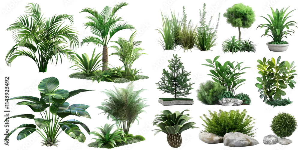 Set of plants isolated on white background. Cutout vegetation for garden design or landscaping. High quality clipping mask for professionnal composition. Generative AI. Set of plants isolated on white background. Cutout vegetation for garden design or landscaping. High quality clipping mask for professionnal composition. Generative AI.