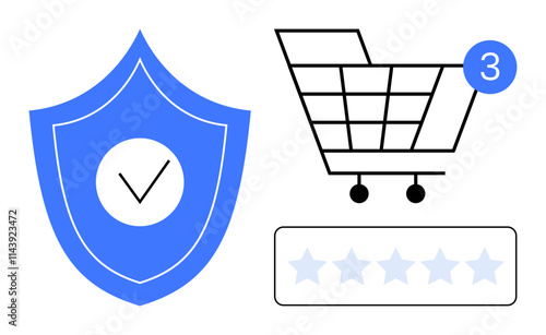 Blue shield with a checkmark, shopping cart with number three, and a five-star rating bar. Ideal for cyber security, e-commerce, user reviews, customer satisfaction, trust, digital transactions