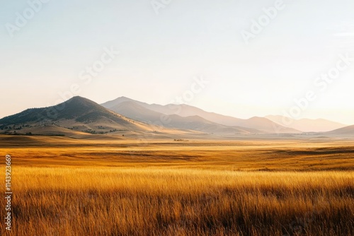 golden grassland with rolling hills and mountains at sunset