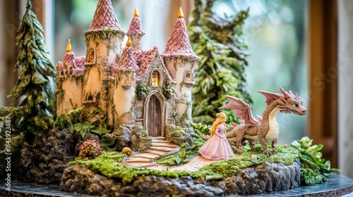 Fairytale castle cake with princess and dragon figurine. photo