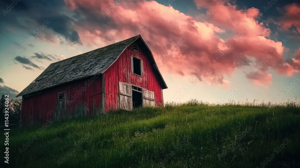 Rustic red barn on grassy hill under dramatic sunset sky. Rustic red barn on grassy hill under dramatic sunset sky.