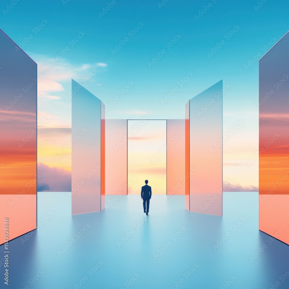 A solitary figure exploring a surreal landscape of reflective glass doors leading to a vibrant sunset, symbolizing new beginnings and infinite possibilities in a dreamlike setting. A solitary figure exploring a surreal landscape of reflective glass doors leading to a vibrant sunset, symbolizing new beginnings and infinite possibilities in a dreamlike setting.