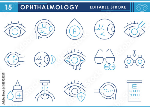 A set of line icons related to Ophthalmology. Eye, care, laser, treatment, vision, optics, retina, cornea, contact lens, glaucoma, ophthalmoscope, anatomy, and so on. Vector editable stroke.