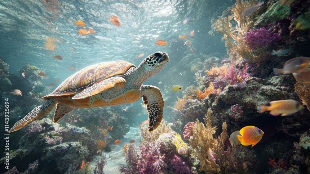 Naklejka premium Sea turtle swimming in vibrant coral reef with colorful fish.