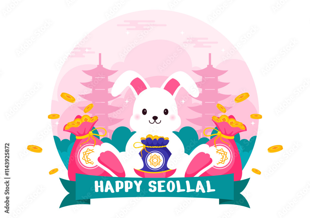 Happy Seollal Translation Korean New Year Vector Illustration Featuring the Year of the Wood Rabbit and Gold Coins for the 29 January Celebration Happy Seollal Translation Korean New Year Vector Illustration Featuring the Year of the Wood Rabbit and Gold Coins for the 29 January Celebration
