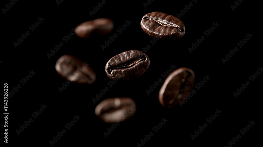 Roasted coffee beans levitating against a black background. Roasted coffee beans levitating against a black background.