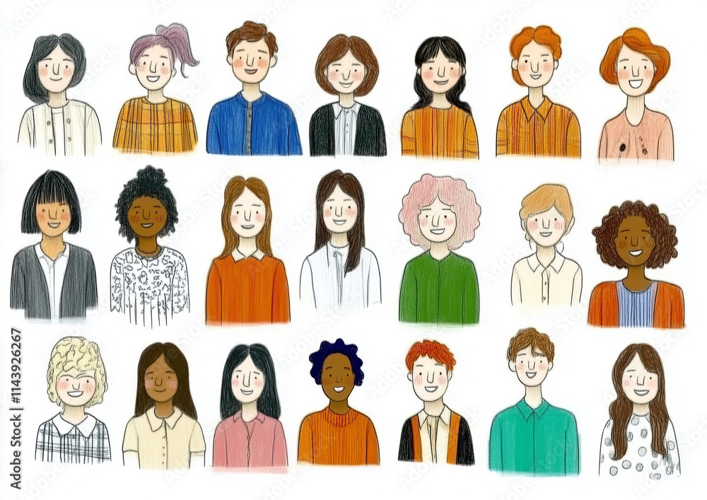 Diverse group of hand drawn women with various hairstyles and outfits, showcasing individuality and style. Each character has unique expression and personality Diverse group of hand drawn women with various hairstyles and outfits, showcasing individuality and style. Each character has unique expression and personality