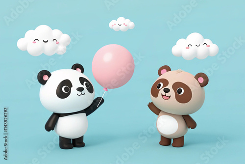 Cute panda and bear characters with clouds and pink and white spheres on a light blue background photo