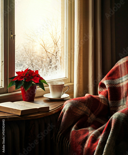 A cup of tea, a book, and a poinsettia plant sit on a small table next to a window, creating a cozy winter scene. The red plaid blanket draped over an armchair adds a touch of warmth and comfort.