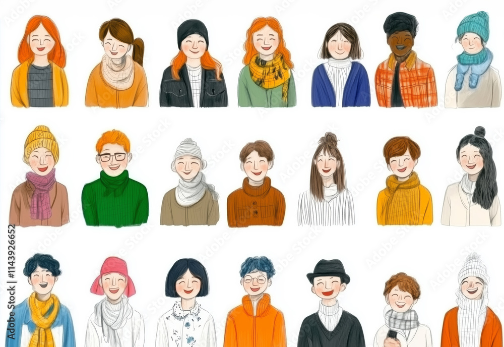 Diverse group of people smiling, wearing winter scarves and hats, showcasing various hairstyles and expressions. warm and cheerful atmosphere is captured in this illustration Diverse group of people smiling, wearing winter scarves and hats, showcasing various hairstyles and expressions. warm and cheerful atmosphere is captured in this illustration