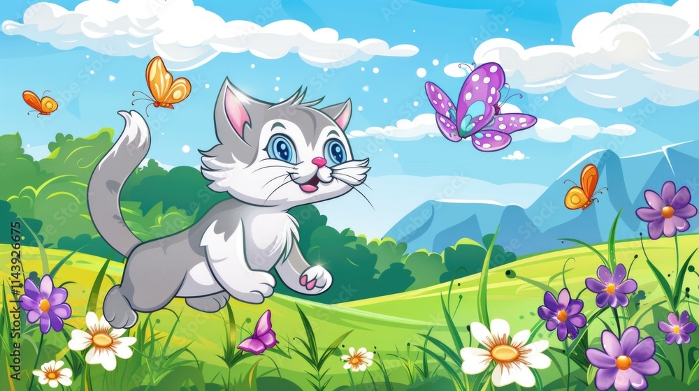 On the grass, a kitten happily flutters the butterflies flying among the flowers On the grass, a kitten happily flutters the butterflies flying among the flowers
