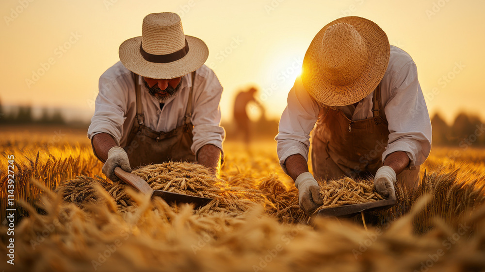 Harvesting wheat at sunset, farmers gather ripe crops with care and dedication, showcasing their tools and teamwork in golden field Harvesting wheat at sunset, farmers gather ripe crops with care and dedication, showcasing their tools and teamwork in golden field